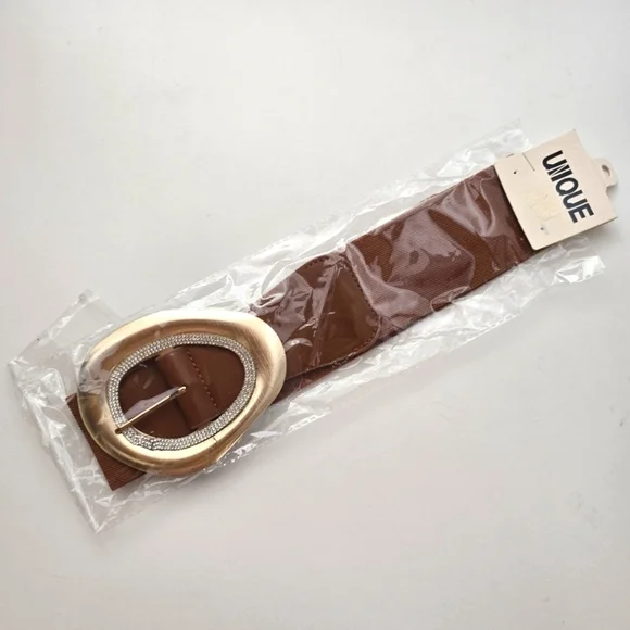 NEW Brown Stone Paved Abstract Golden Oval Buckle Elastic Belt - Picture 3 of 9